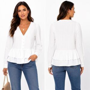 Yumi Kim XL White Breaking Hearts Striped V-Neck Peplum Blouse Top  TP-19414